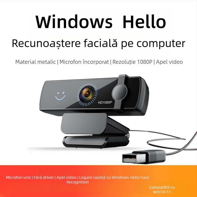 Elebest CW100 webcam USB HD cu recunoaștere facială Windows Hello, senzor 2MP, video 1080p60, USB 2.0, microfon încorporat, fără driver, plug‑and‑play