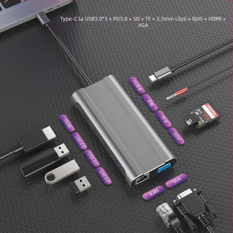 Dock USB-C cu 3 porturi USB 3.0, cititoare SD/TF, HDMI și VGA, Ethernet Gigabit