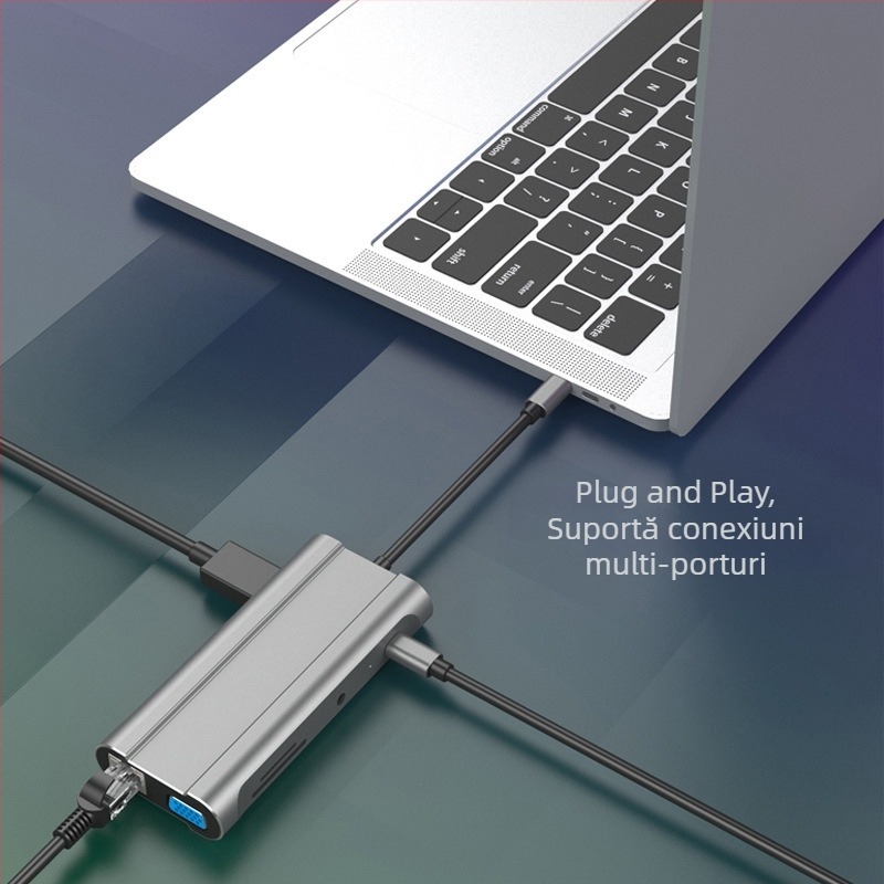 Dock USB-C cu 3 porturi USB 3.0, cititoare SD/TF, HDMI și VGA, Ethernet Gigabit