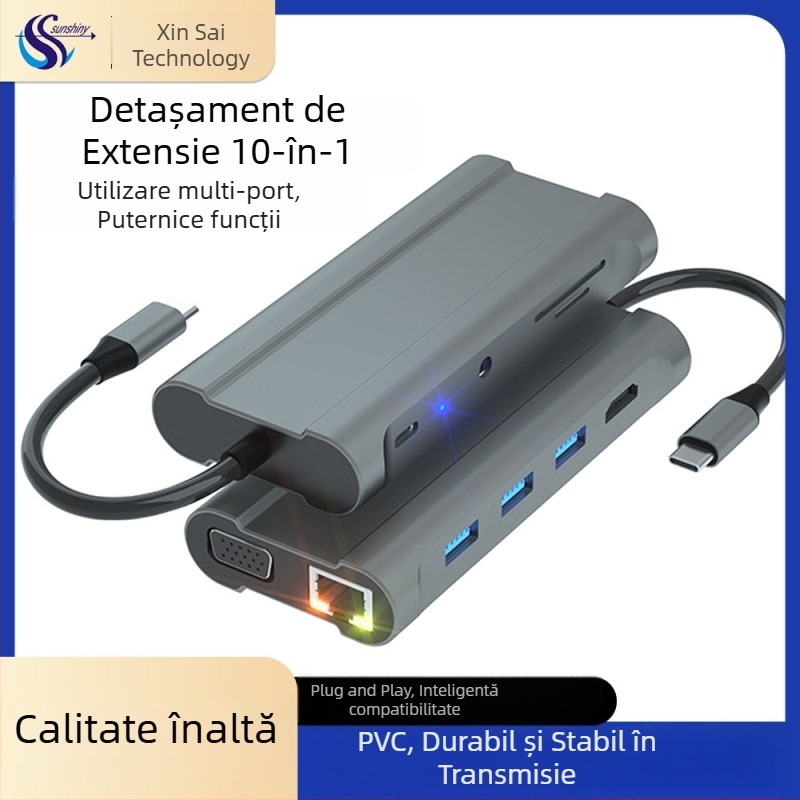Dock USB-C cu 3 porturi USB 3.0, cititoare SD/TF, HDMI și VGA, Ethernet Gigabit