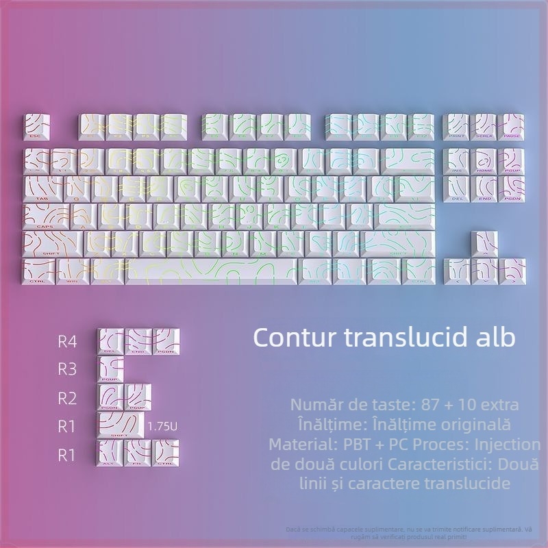 Capă de chei cu gravură pe contur lateral, transparent, material PBT, sublimare pe cinci fețe, 87 taste