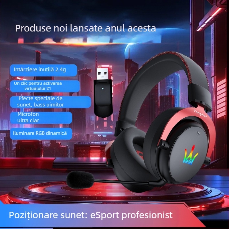 Cască de gaming wireless, difuzoare de 50 mm, 20–20000 Hz, impedanță 32 Ω, mufă de 3,5 mm, microfon încorporat