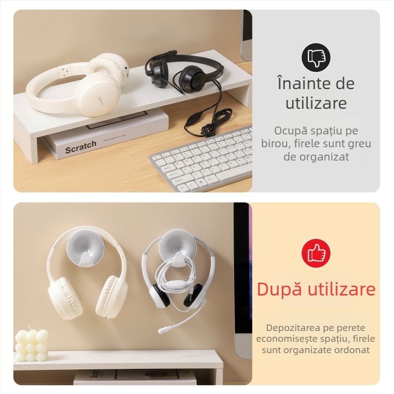 Suport de perete pentru căști, fără găuri, design modern minimalist