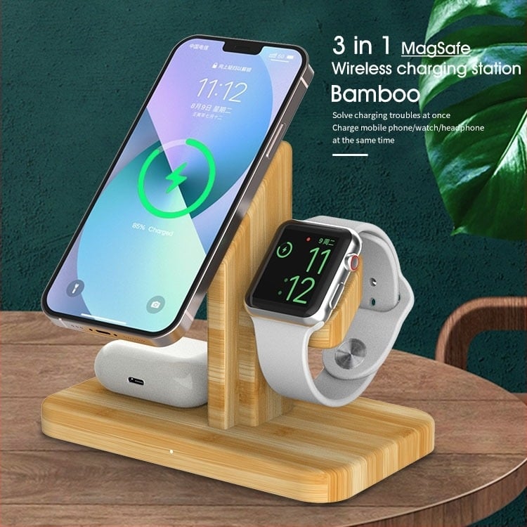 Stand de Încărcare Wireless din Bambus 3-în-1 — compatibil MagSafe, model RX-2201; încărcare iPhone până la 15W, AirPods până la 5W, Apple Watch până la 2W