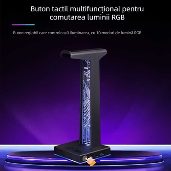 HS-01 Suport pentru căști cu iluminare RGB ambientală, hub USB integrat și stație de încărcare pentru telefon, aliaj de aluminiu + silicon