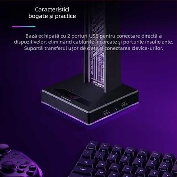 HS-01 Suport pentru căști cu iluminare RGB ambientală, hub USB integrat și stație de încărcare pentru telefon, aliaj de aluminiu + silicon