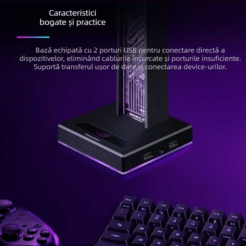 HS-01 Suport pentru căști cu iluminare RGB ambientală, hub USB integrat și stație de încărcare pentru telefon, aliaj de aluminiu + silicon
