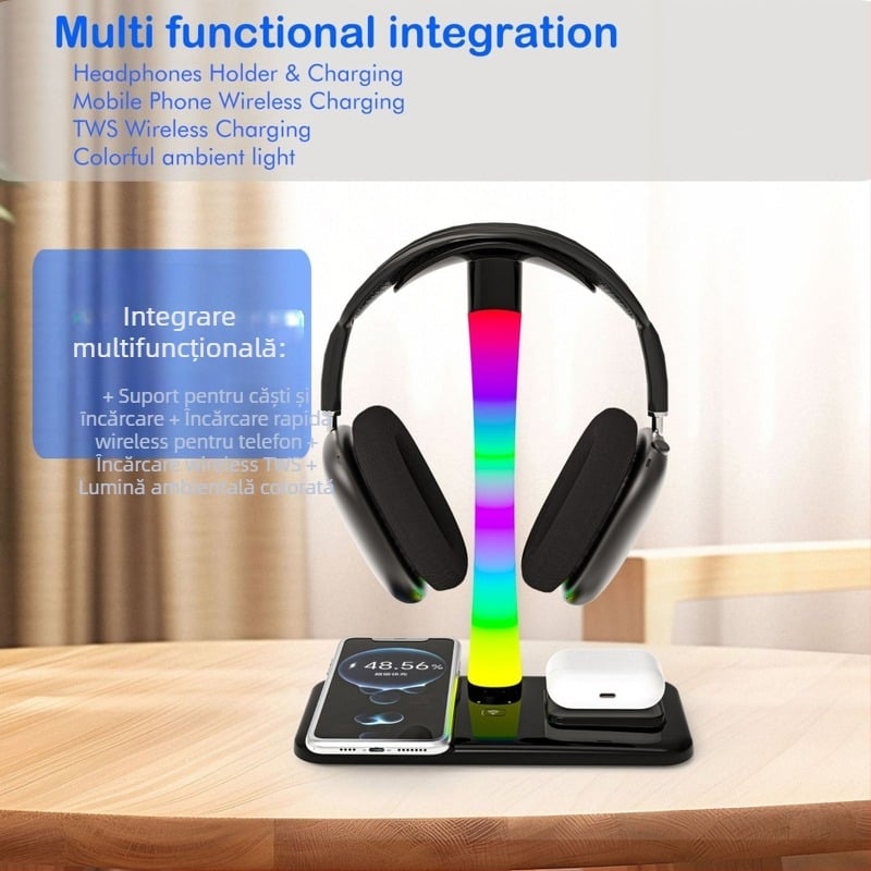 D9 Suport încărcare wireless pentru telefoane și căști, utilizare pe birou, cablu de 1.0 m