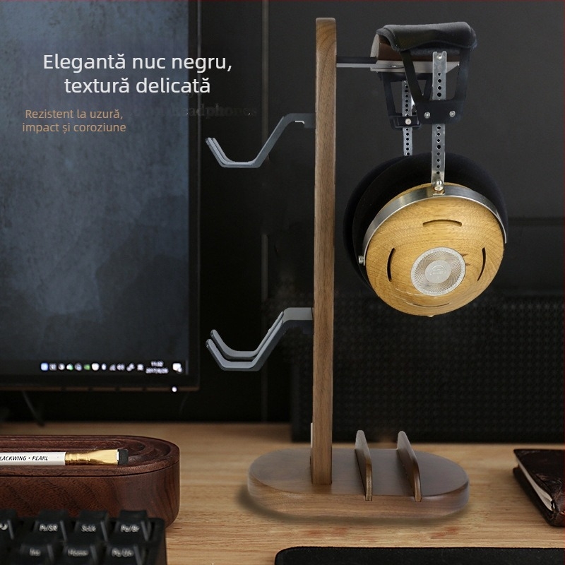 Suport de birou pentru căști din lemn masiv de nuc, design minimalist, lansare în 2024