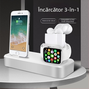 Stație de încărcare 3 în 1 cu depozitare cablu – pentru iPhone, Apple Watch, smartphone și căști – TPU, stil simplu