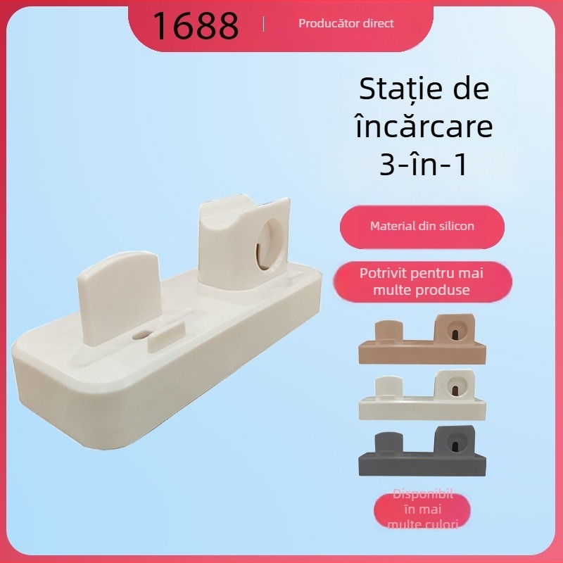 Stație de încărcare 3 în 1 cu depozitare cablu – pentru iPhone, Apple Watch, smartphone și căști – TPU, stil simplu
