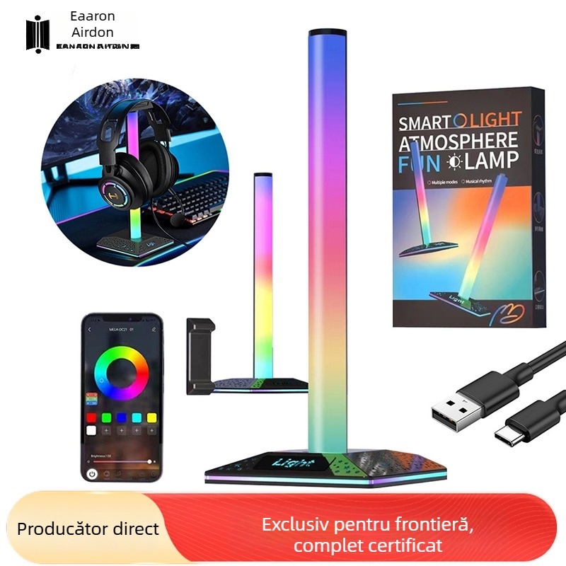 Suport pentru căști de gaming cu iluminare ambientală, control prin aplicație Bluetooth, lumină ritm activată de sunet, iluminare ambiental USB, cablu de 2 m