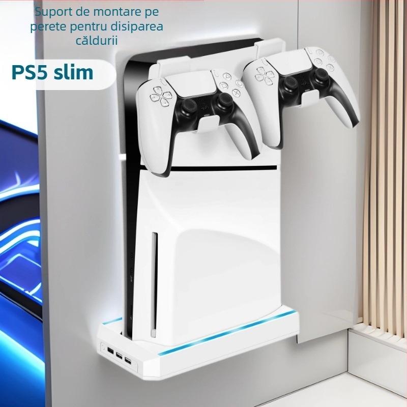 Suport pentru PS5 Slim cu bază, suport pentru controler și cârlig pentru căști, iluminare RGB reglabilă pe mai multe niveluri