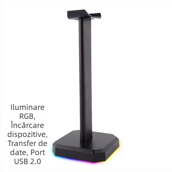 Suport pentru căști de birou HUB2.0 cu iluminare RGB | aliaj de aluminiu + pernă din silicon | Model S1 | Dimensiuni 105×105×261 mm | Lungime cablu 1,5 m