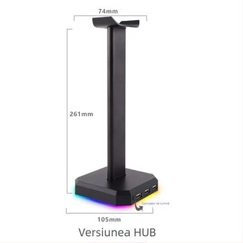 Suport pentru căști de birou HUB2.0 cu iluminare RGB | aliaj de aluminiu + pernă din silicon | Model S1 | Dimensiuni 105×105×261 mm | Lungime cablu 1,5 m