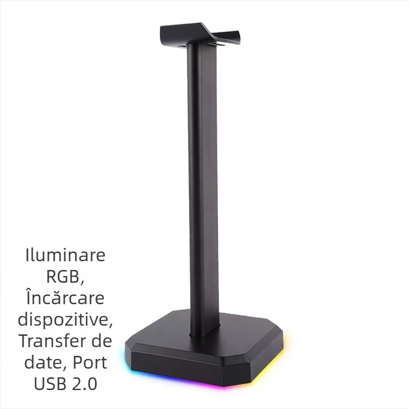 Suport pentru căști de birou HUB2.0 cu iluminare RGB | aliaj de aluminiu + pernă din silicon | Model S1 | Dimensiuni 105×105×261 mm | Lungime cablu 1,5 m