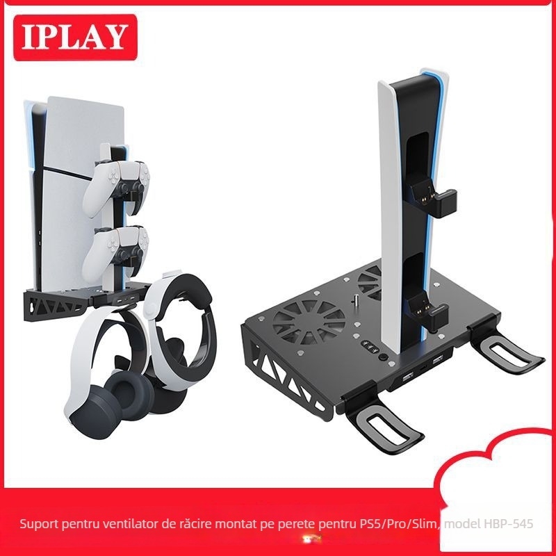 Suport de perete PS5 cu ventilator de răcire, suport pentru controler, încărcător și raft pentru căști (Compatibil cu PS5 Slim/Pro, Material: Fier + ABS, Model: HBP-545)