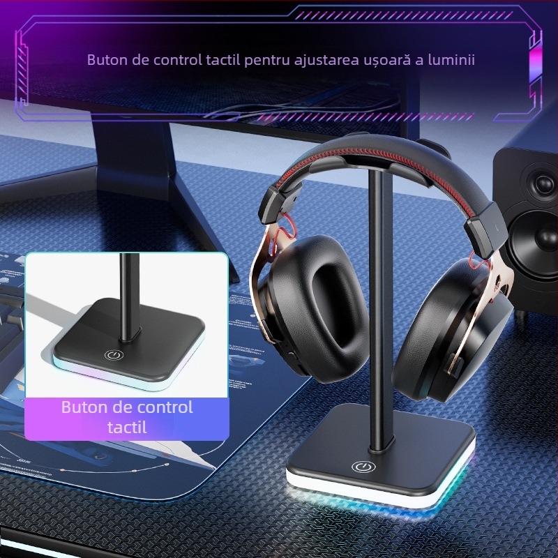 Suport pentru căști cu iluminare RGB și schimbare a culorii prin atingere; suport pentru căști și microfon, pentru esports, multifuncțional.