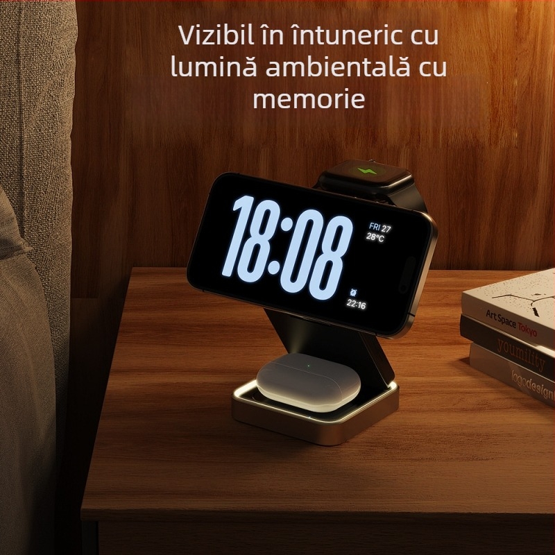 Încărcător wireless magnetic 3 în 1 din metal pliabil pentru iPhone 16, căști și Apple Watch – 15W maxim, QC3.0