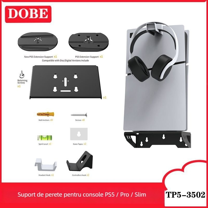 Suport de perete pentru PS5 Pro / PS5 Slim / PS5 consolă cu cârlige pentru controler și căști | Construcție ABS | Model TP5-3502