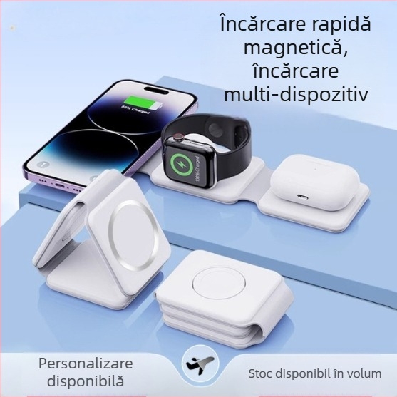 Încărcător wireless MagSafe 3-în-1 cu design pliabil pentru telefon, căști și ceas, încărcare rapidă QC3.0, putere maximă 22,5 W
