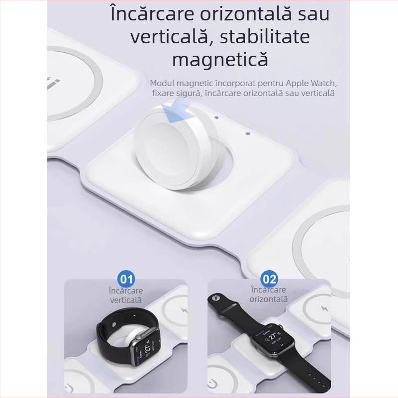 Încărcător wireless MagSafe 3-în-1 cu design pliabil pentru telefon, căști și ceas, încărcare rapidă QC3.0, putere maximă 22,5 W