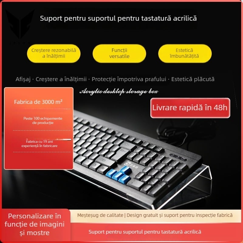 Suport pentru tastatură acrilic cu braț, montaj fără găuri, reglare înălțime și înclinare, model ZZ03
