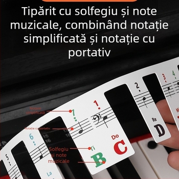 Maner autocolant pentru claviatura pianului, 88 de clape, fără lipire, marcaje ale notelor pentru portativ cu cinci linii