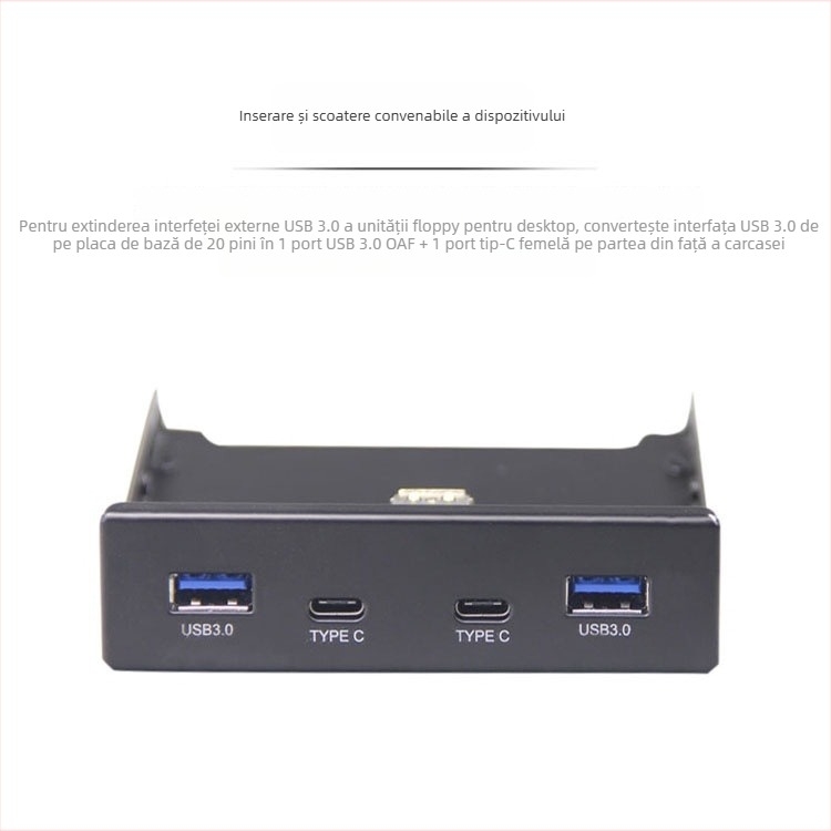 USB hub panou frontal 19-pin/20-pin la Type-C + adaptor card USB 3.0, cip Skyworth 3510, 5 Gbps, dimensiuni 13.5×10×2.5 cm