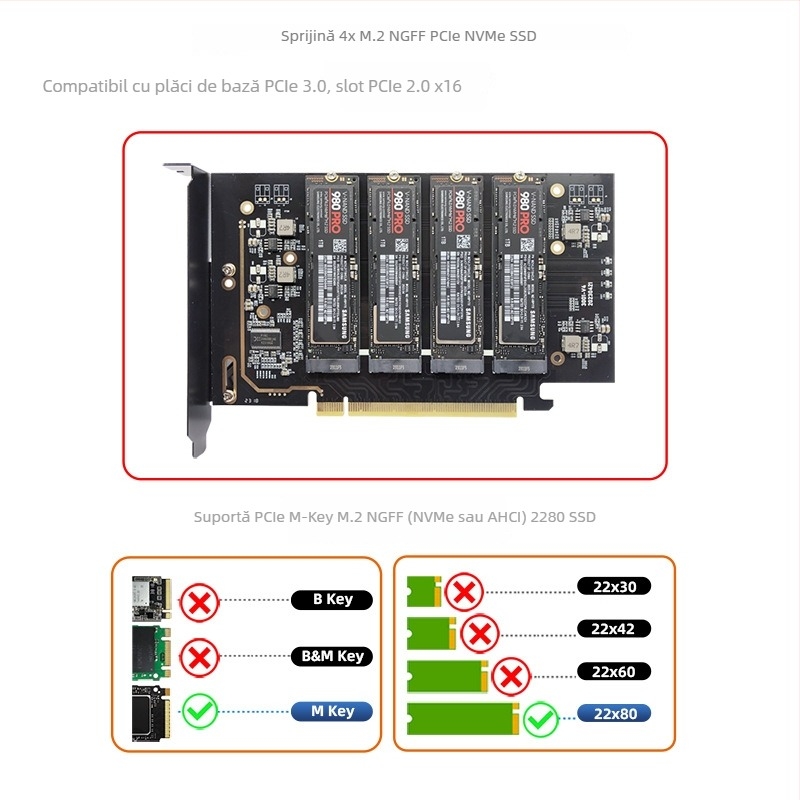 Carte adaptor extensie PCIe 4.0 x16 pentru 4 NVMe SSD, M.2 2280, până la 7000 MB/s