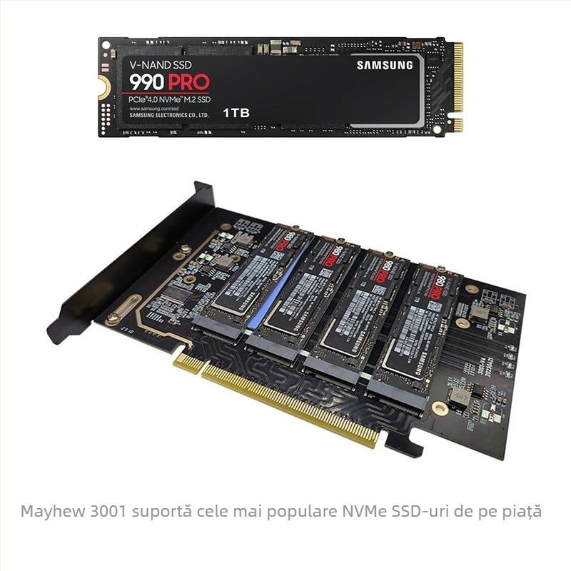 Carte adaptor extensie PCIe 4.0 x16 pentru 4 NVMe SSD, M.2 2280, până la 7000 MB/s