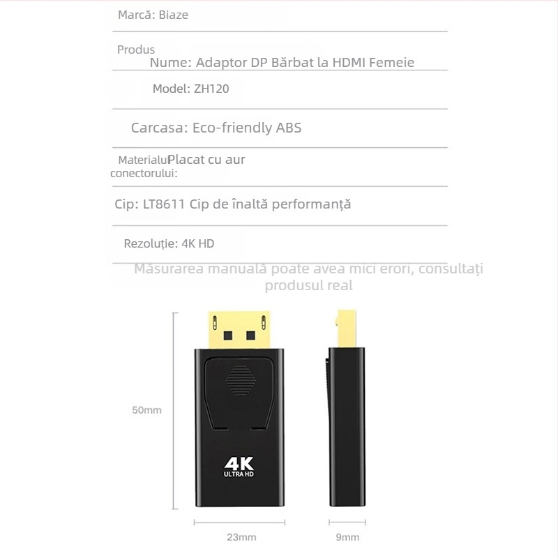 Adaptor DisplayPort către HDMI, brand Biaze/biaz, model zh120, interfață HDMI