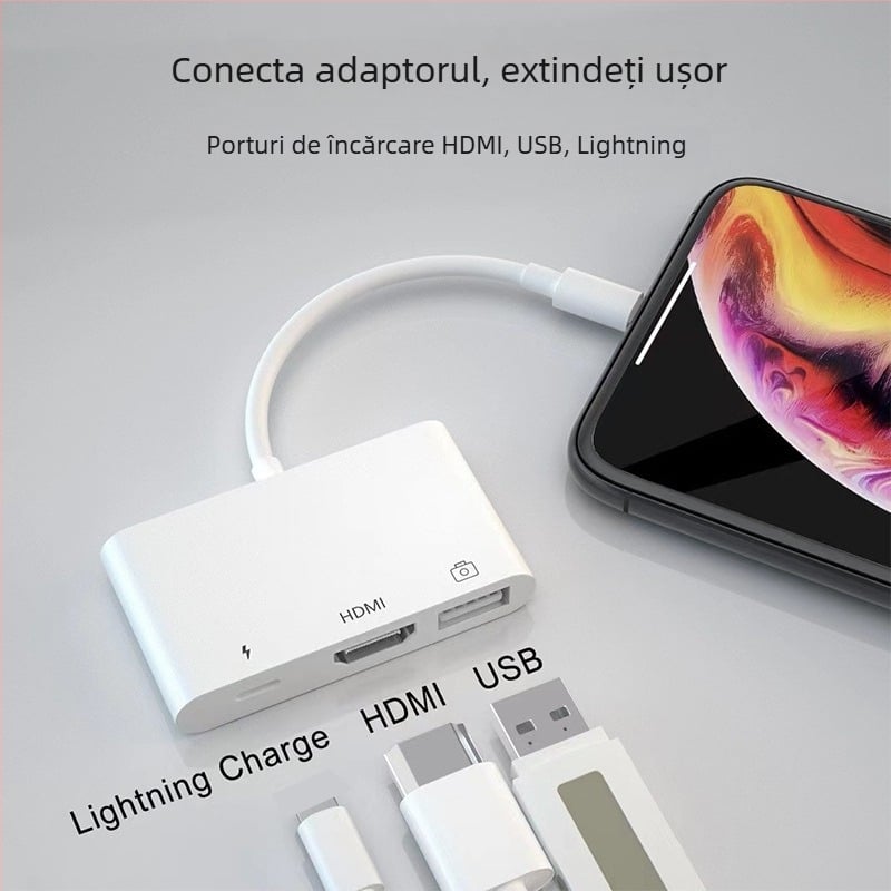 Cablu adaptor Lightning la HDMI 3 în 1 pentru dispozitive Apple, HDMI 1080p, cablu de 20 cm, 1–3 ieșiri
