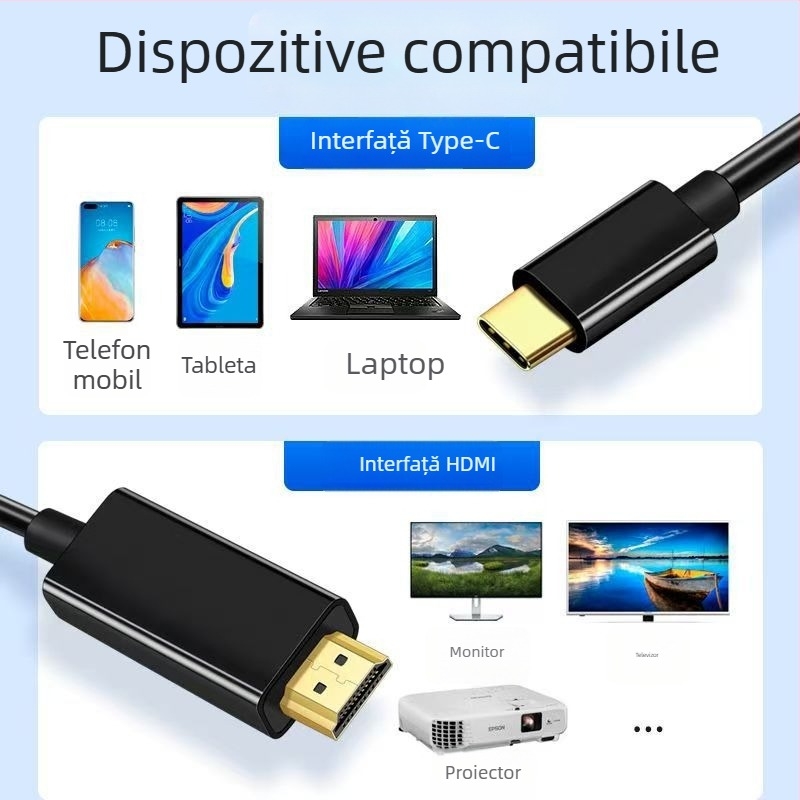 Cablu adaptor Type-C la HDMI, cu nucleu de cupru, conectori placati cu aur, 4K30Hz, cip de înaltă calitate