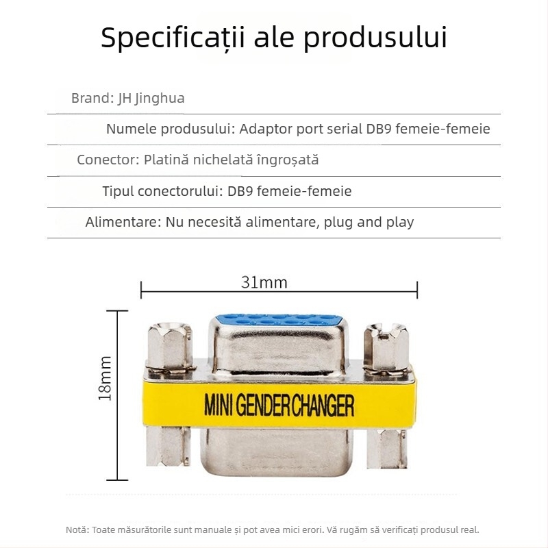 Adaptor DB9 femeie-femeie RS232, port serial de 9 pini, nucleu din cupru, compatibil OEM