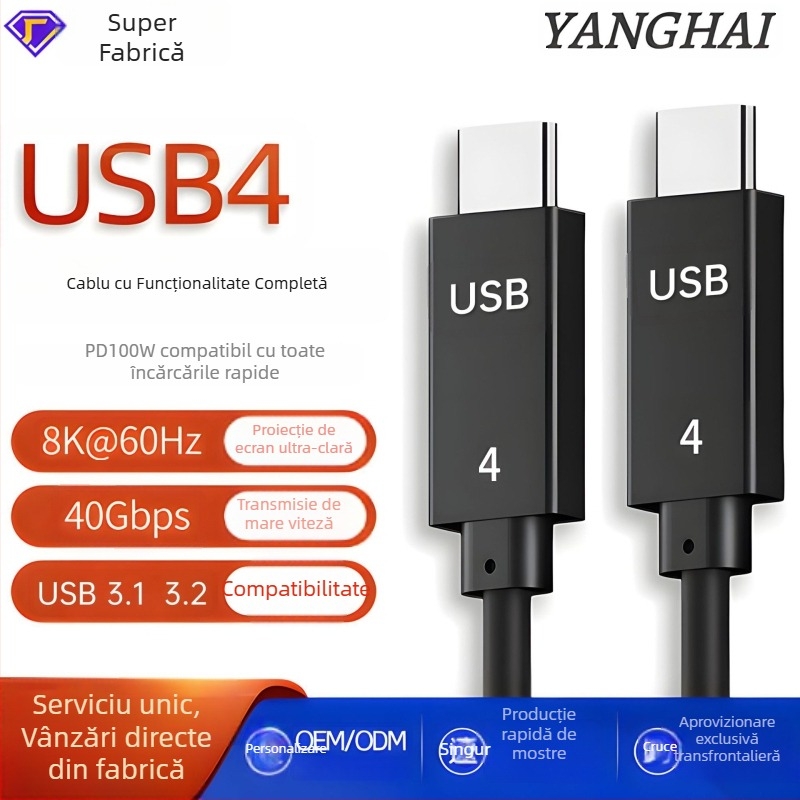 Cablu USB4 cu transfer complet de date, 8K60Hz, 40Gbps, compatibil Thunderbolt 4, cablu Type-C pentru proiecție video