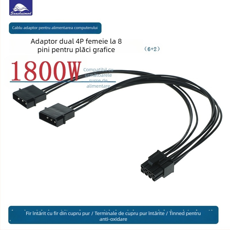 Cablu patch de alimentare GPU pentru desktop, cupla D-port la 8 pini, 4 pini la 8 pini, cupru UL1007 18AWG, model ZJ-2D4ZGPU8