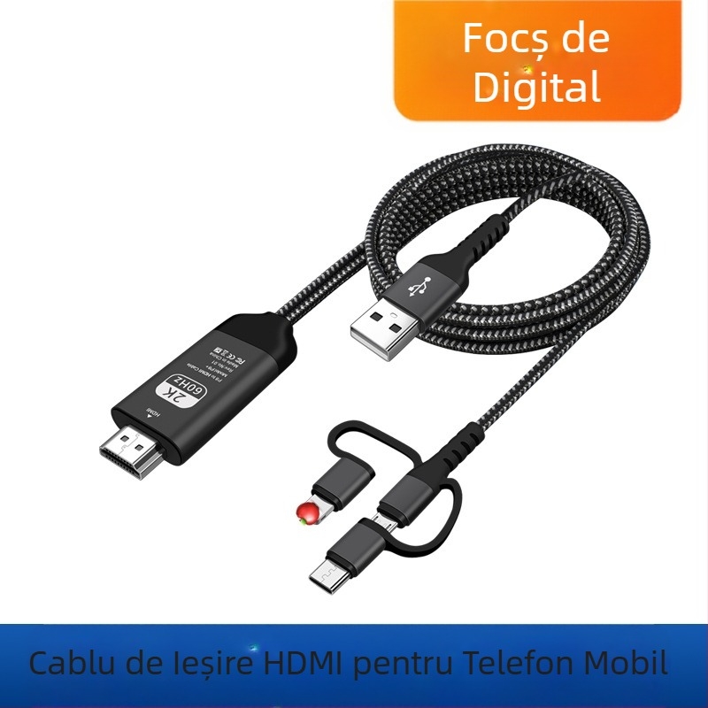 Cablu HDMI pentru afișare de pe telefon — adaptor universal USB-C/Android 8 pentru dispozitive Apple Type-C către TV, proiector sau monitor