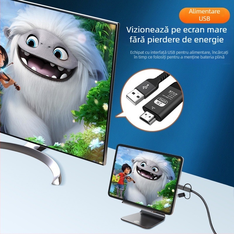 Cablu HDMI pentru afișare de pe telefon — adaptor universal USB-C/Android 8 pentru dispozitive Apple Type-C către TV, proiector sau monitor