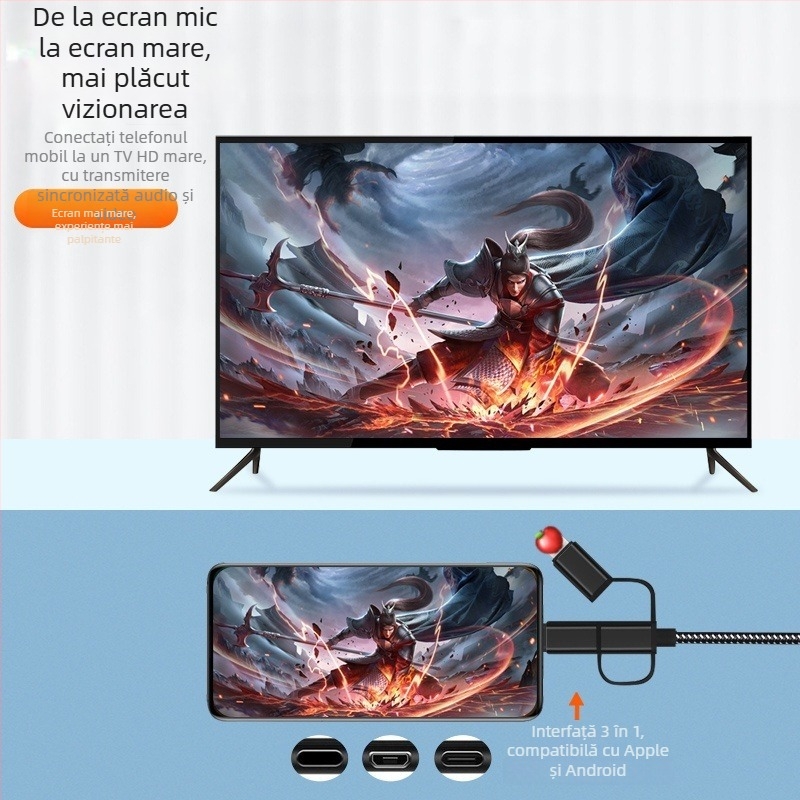 Cablu HDMI pentru afișare de pe telefon — adaptor universal USB-C/Android 8 pentru dispozitive Apple Type-C către TV, proiector sau monitor