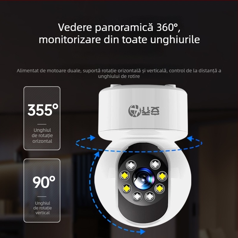 Sistem de monitorizare fără fir — Cameră interioră cu unghi de 360°, Viziune nocturnă HD, 0.001 lux, SNR > 20, Alimentare 5V