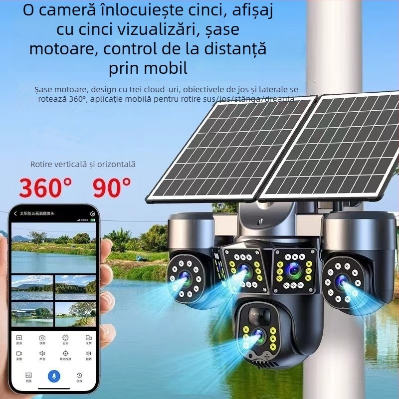 Cameră PTZ solară exterioră cu rotire orizontală 355°, rotire verticală 90°, limită de rotație 355°, alimentare DC 5V, montare pe perete