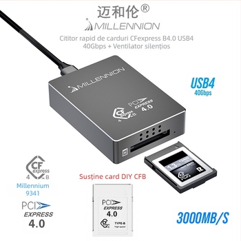Cititor de carduri 9341 — USB4 40Gbps, interfață USB-C, carcasă din aluminiu, suport pentru carduri CFB, instalare externă