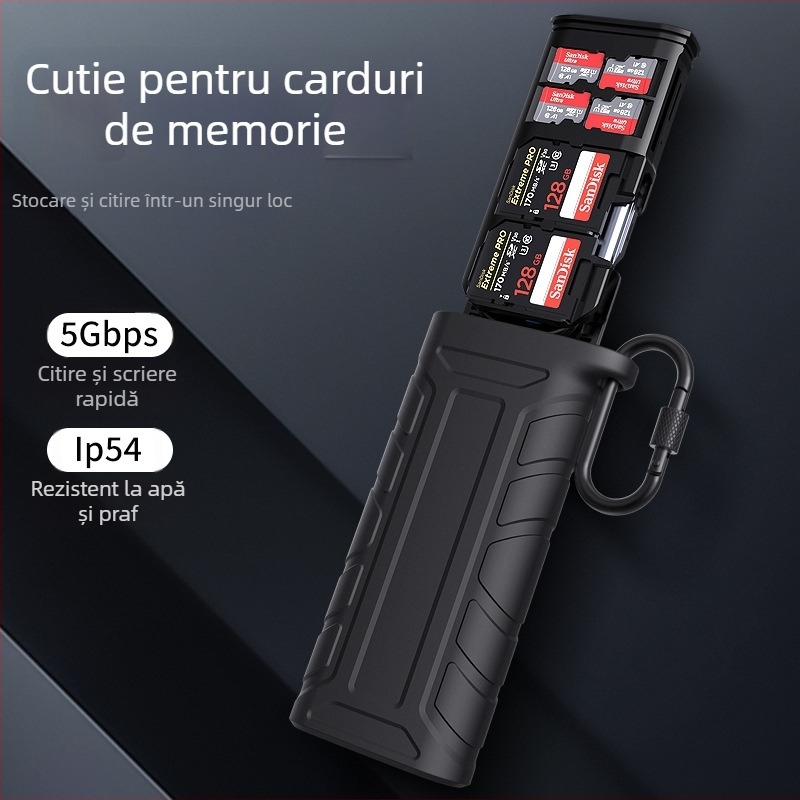 Cititor de carduri USB 3.1 multifuncțional cu sloturi SD/TF și cutie de depozitare încorporată - transfer rapid de date