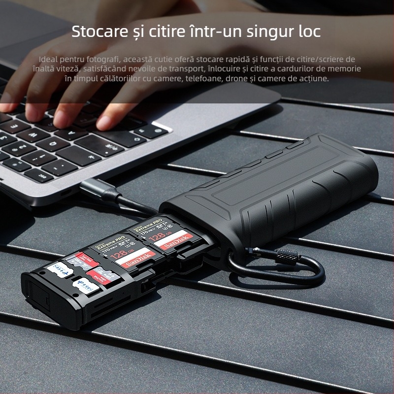 Cititor de carduri USB 3.1 multifuncțional cu sloturi SD/TF și cutie de depozitare încorporată - transfer rapid de date