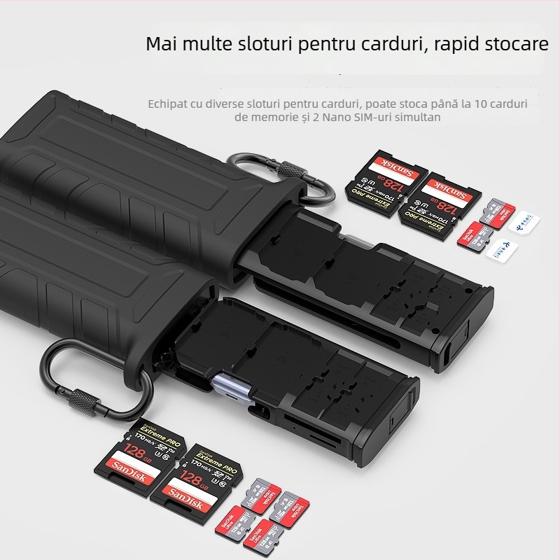 Cititor de carduri USB 3.1 multifuncțional cu sloturi SD/TF și cutie de depozitare încorporată - transfer rapid de date