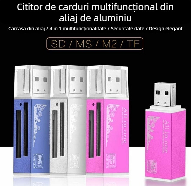 Cititor USB 1.1 4 în 1 din aliaj de aluminiu pentru carduri SD și TF