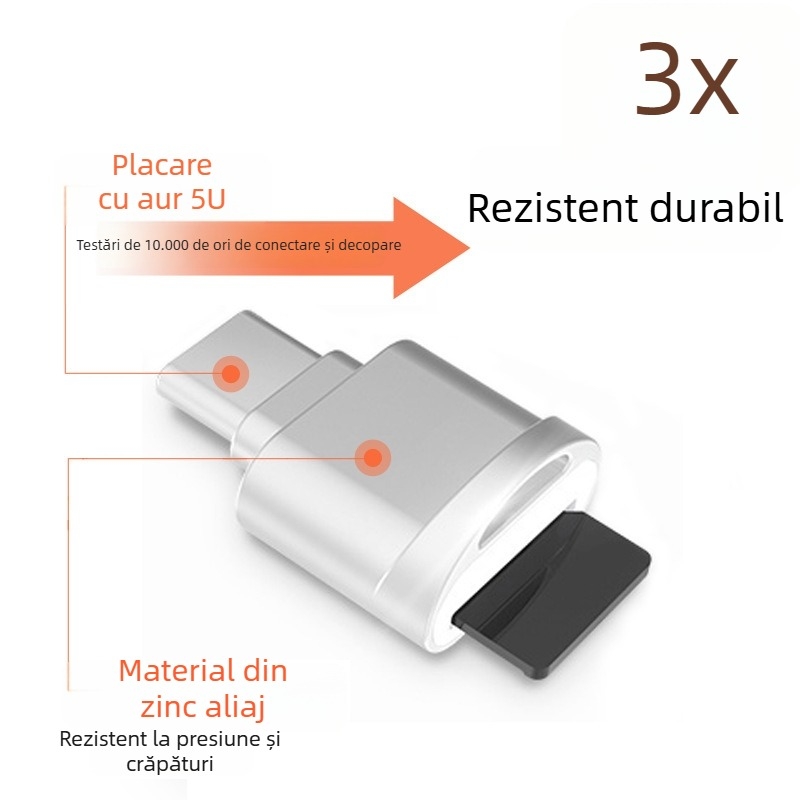 Cititor TF card Type-C OTG USB 3.1, adaptor extern pentru telefoane și tablete, aliaj de aluminiu, dimensiuni 23.1×16 mm, Android compatibil