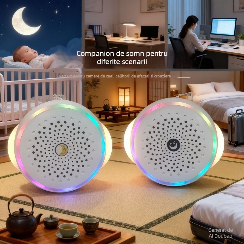 Boxe portabilă cu zgomot alb pentru somn, cub — 60 Hz–15 kHz, SNR ≥60 dB, 1 W, alimentare USB, baterie încorporată 300–500 mAh