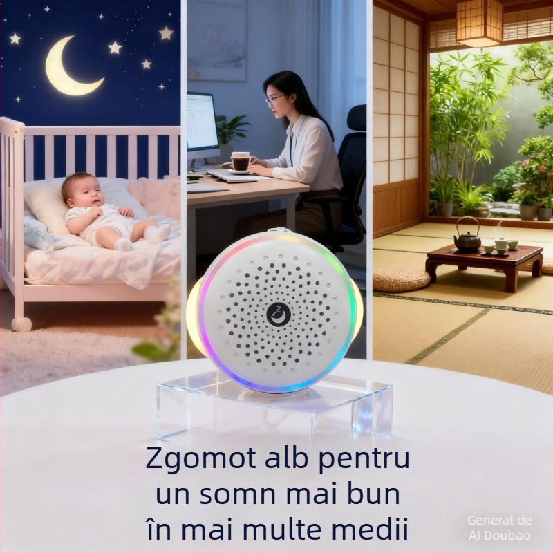 Boxe portabilă cu zgomot alb pentru somn, cub — 60 Hz–15 kHz, SNR ≥60 dB, 1 W, alimentare USB, baterie încorporată 300–500 mAh